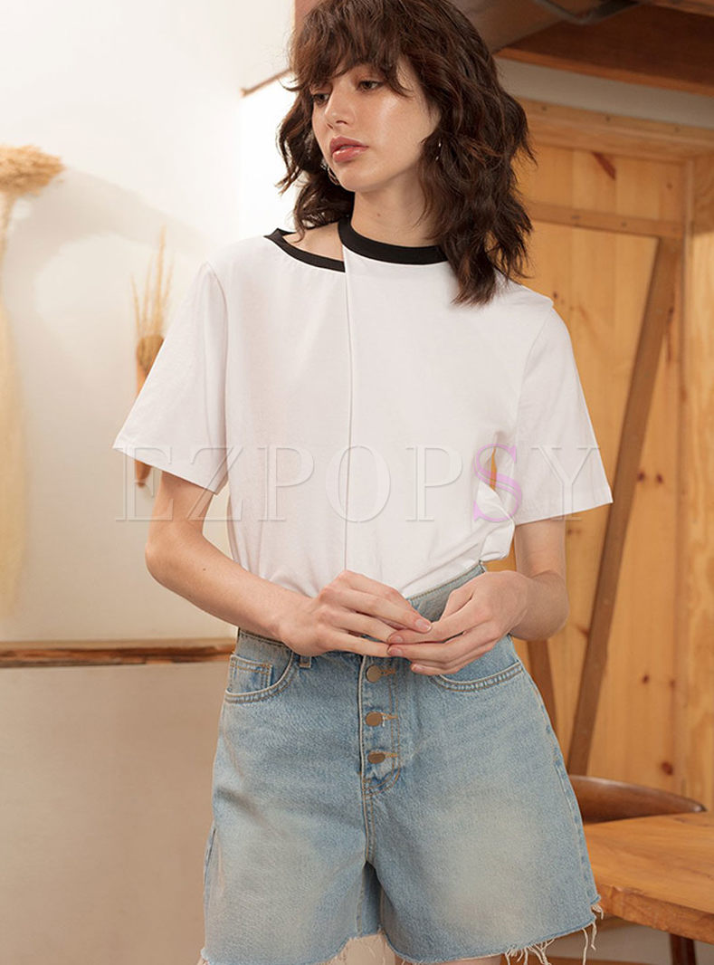 Stylish Hit Color O-neck Hollow Out T-Shirt
