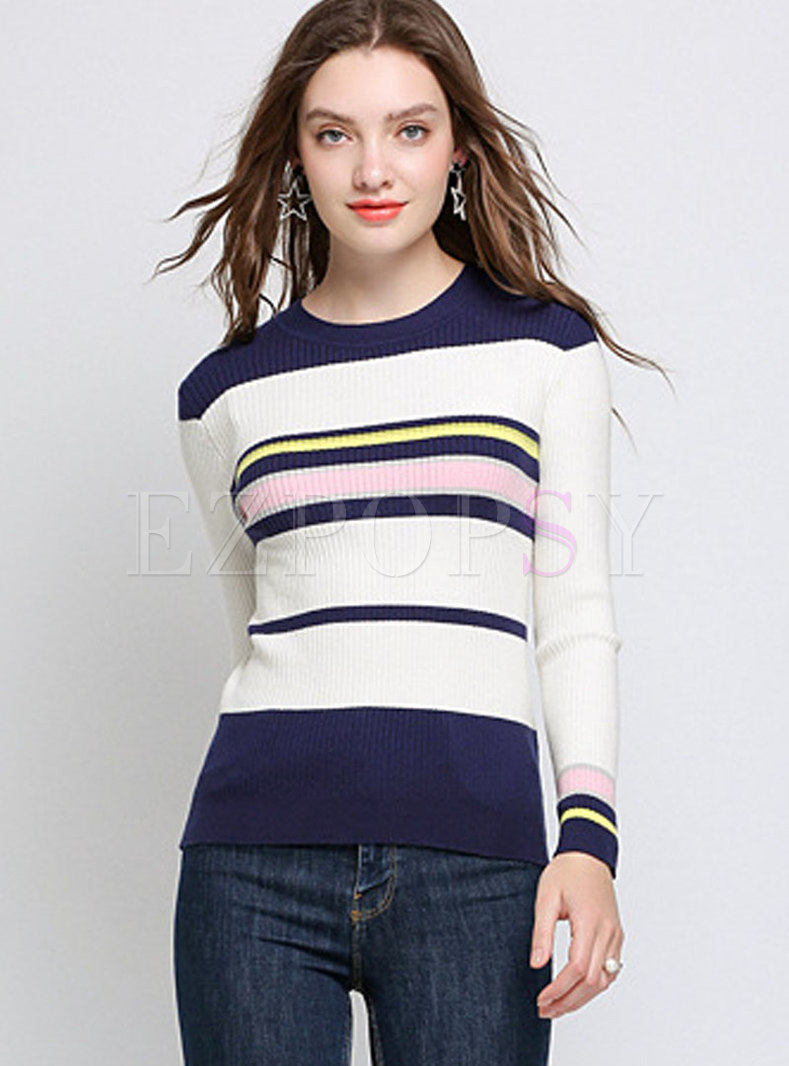 Tops Sweaters Sexy Crew Neck Multi Striped Knitted Sweater
