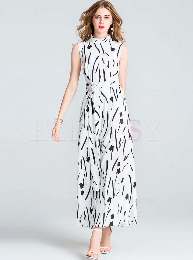 Print Stand Collar Sleeveless Belted Jumpsuit