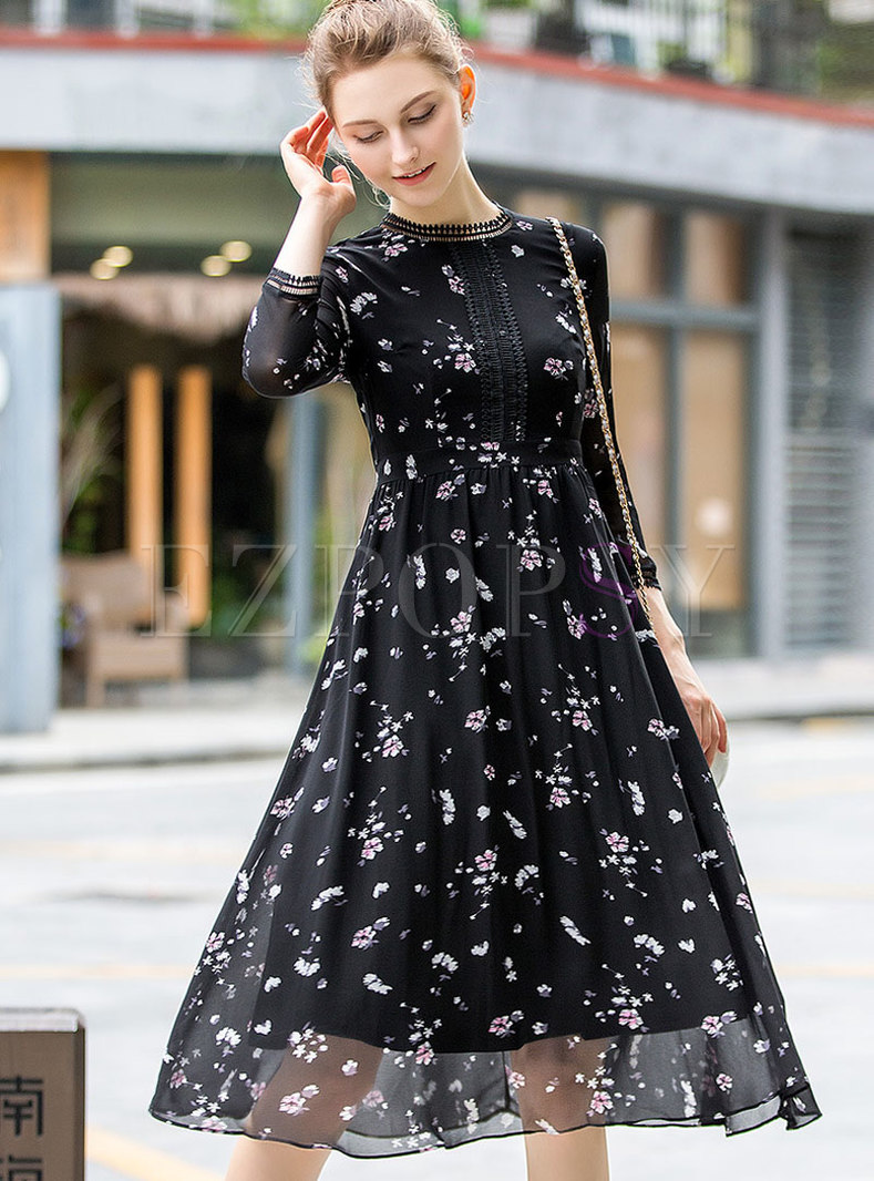 Vintage Black Floral Two-layer Midi Dress