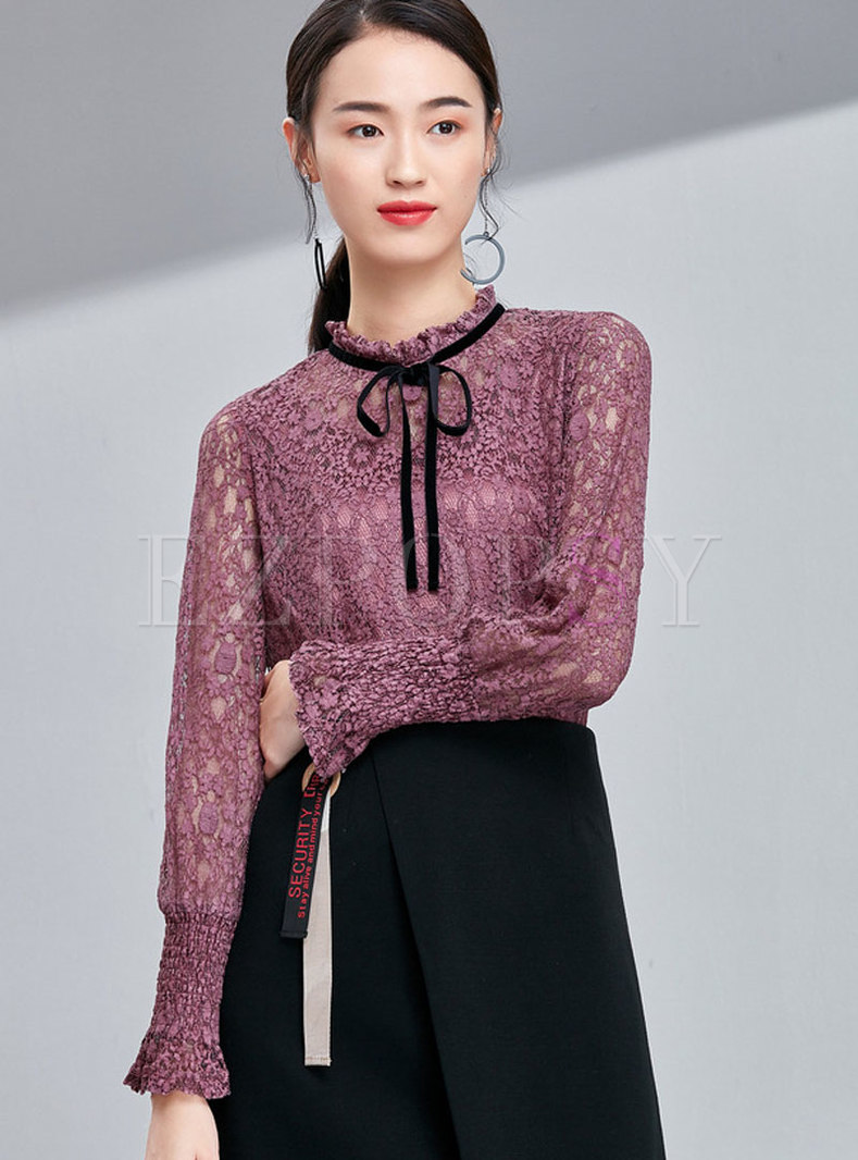 Fashion Stand Collar Flare Sleeve Lace Blouse