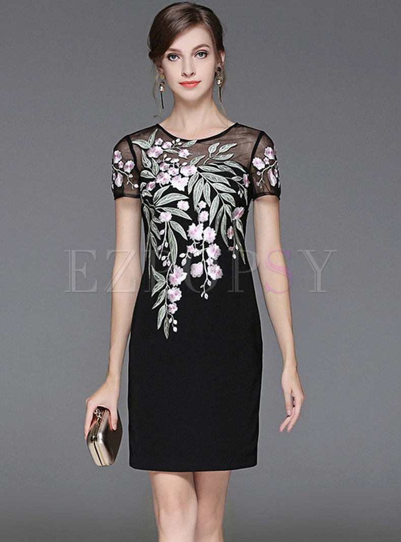 Black Embroidered Hollow Out Zipper-back Bodycon Dress