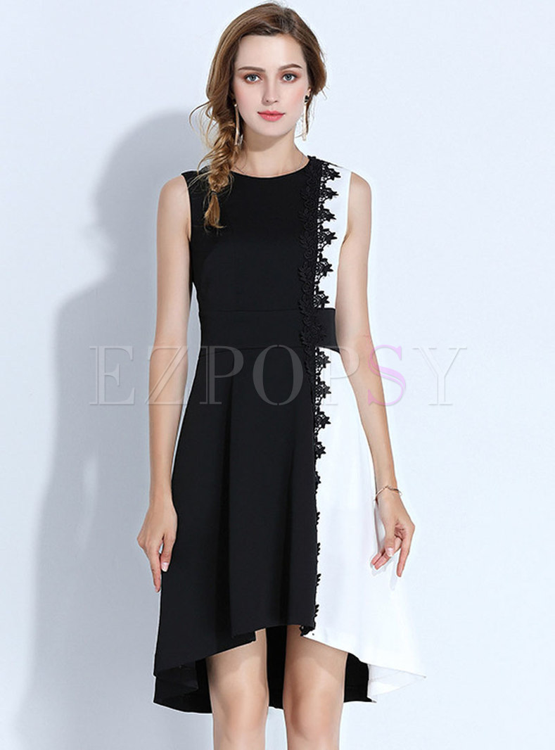 Stylish Color-block Sleeveless High-Low Dress