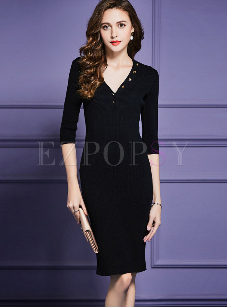 Sexy Solid Color V-neck Slim Knitted Dress