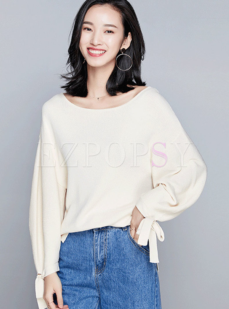 Chic O-neck Solid Color Long Sleeve Tie Sweater