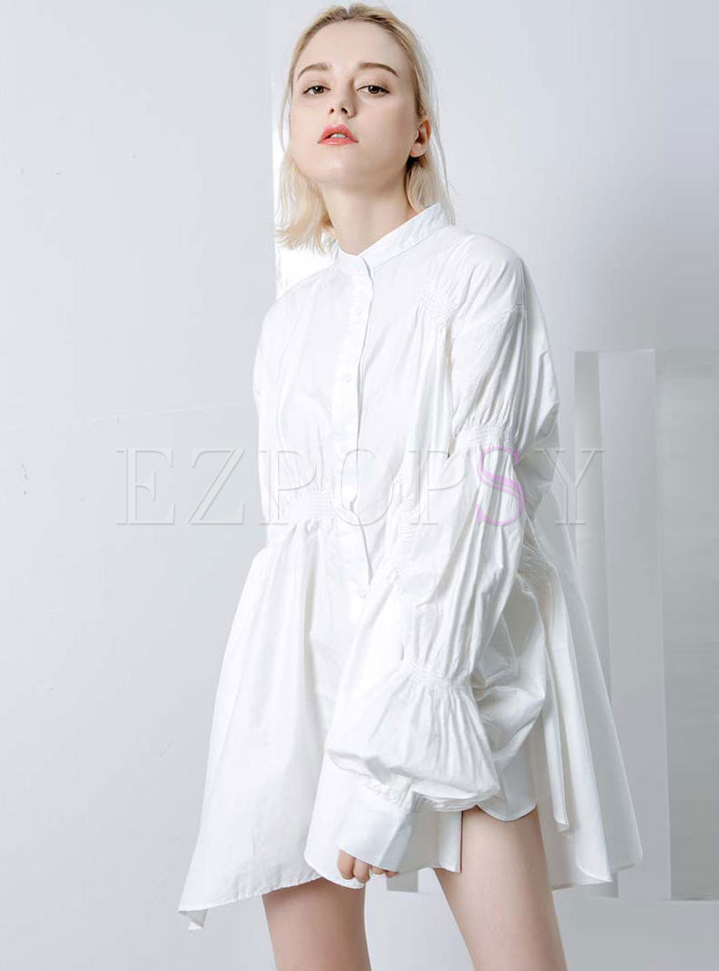White Single-breasted Lantern Sleeve Gathered Waist Asymetric Mini Dress