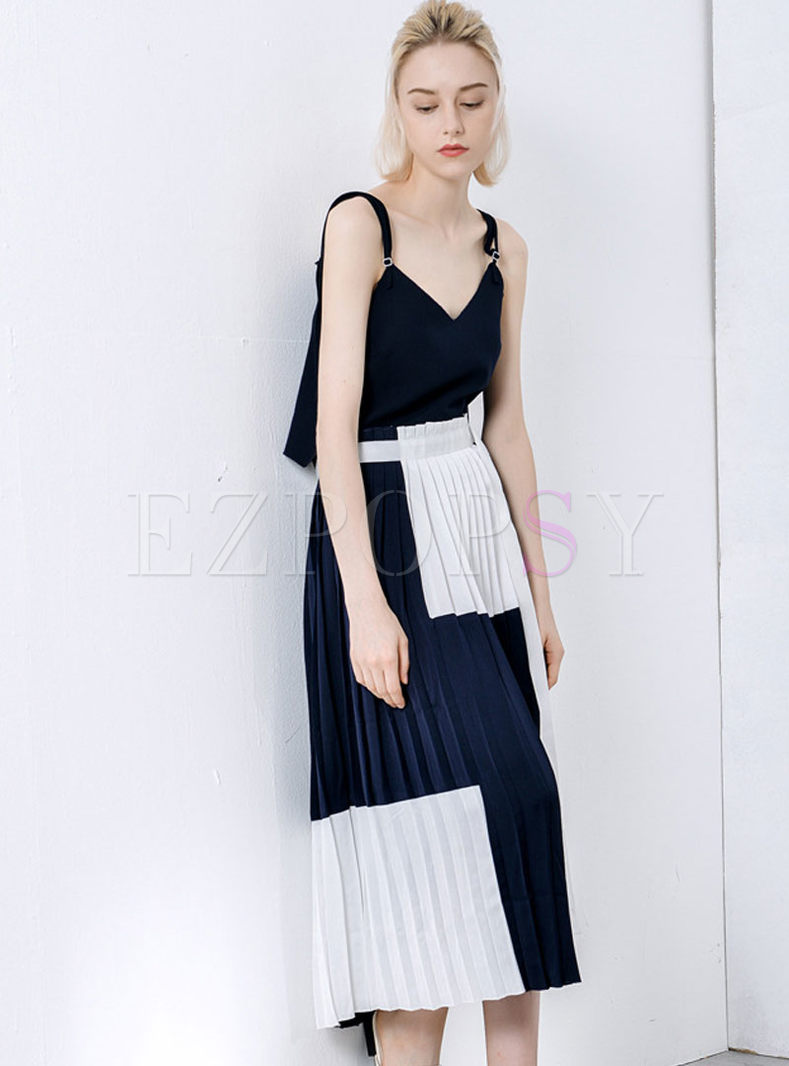 Stylish Splicing Hollow Out Tied Pleated Slip Dress