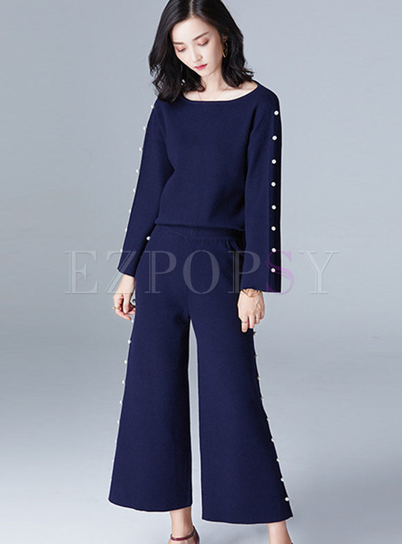 Brief Vintage Knitted Top & Straight Pants With Pearl Embellishment
