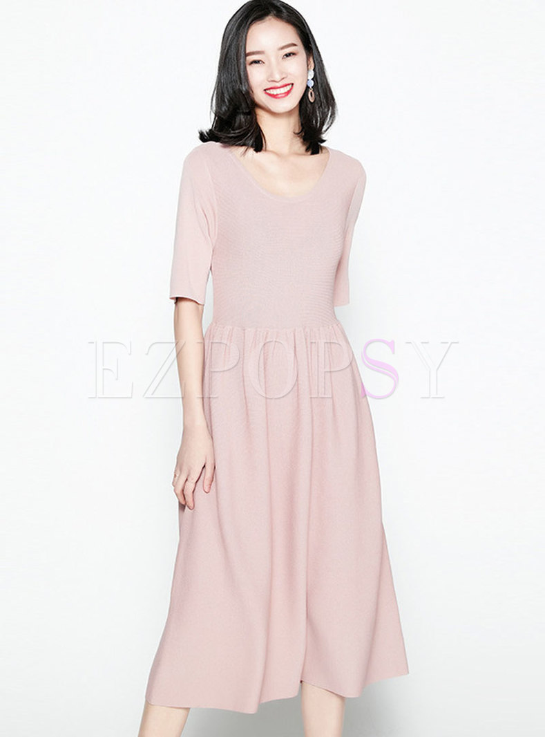 Vintage Half Sleeve High-rise Knitted A Line Dress