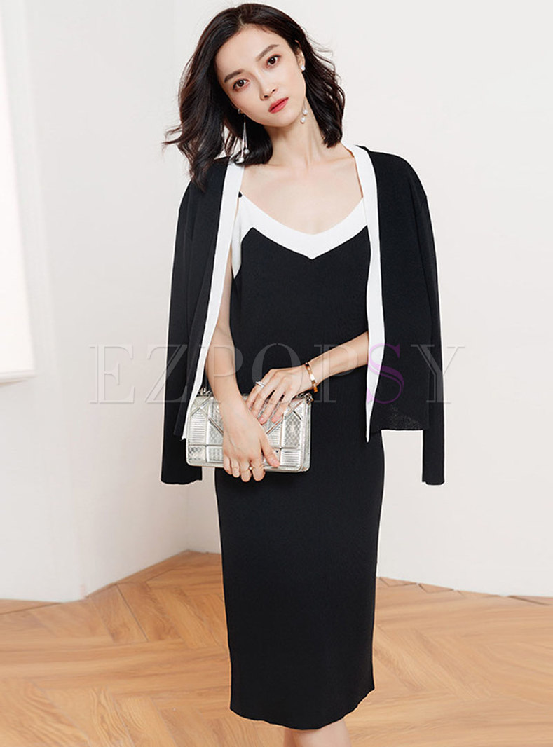 Trendy Contrast-Color Ribbed Sleeve Dress & Knitted Cardigan