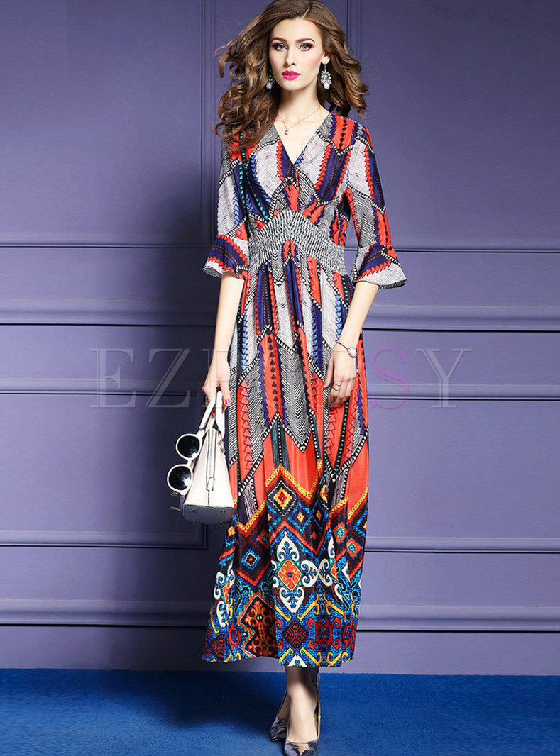 Flare Sleeve Asymmetric Slit Silk Maxi Dress