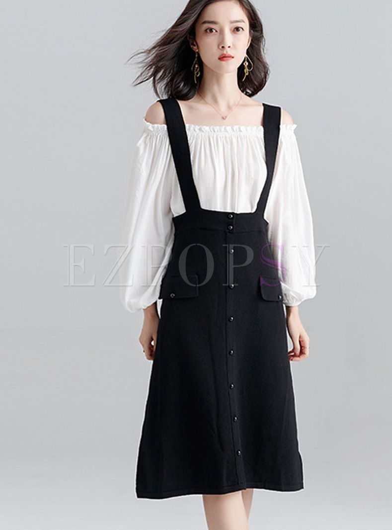 Stylish Single-breasted High Waist Strap Knitted Dress