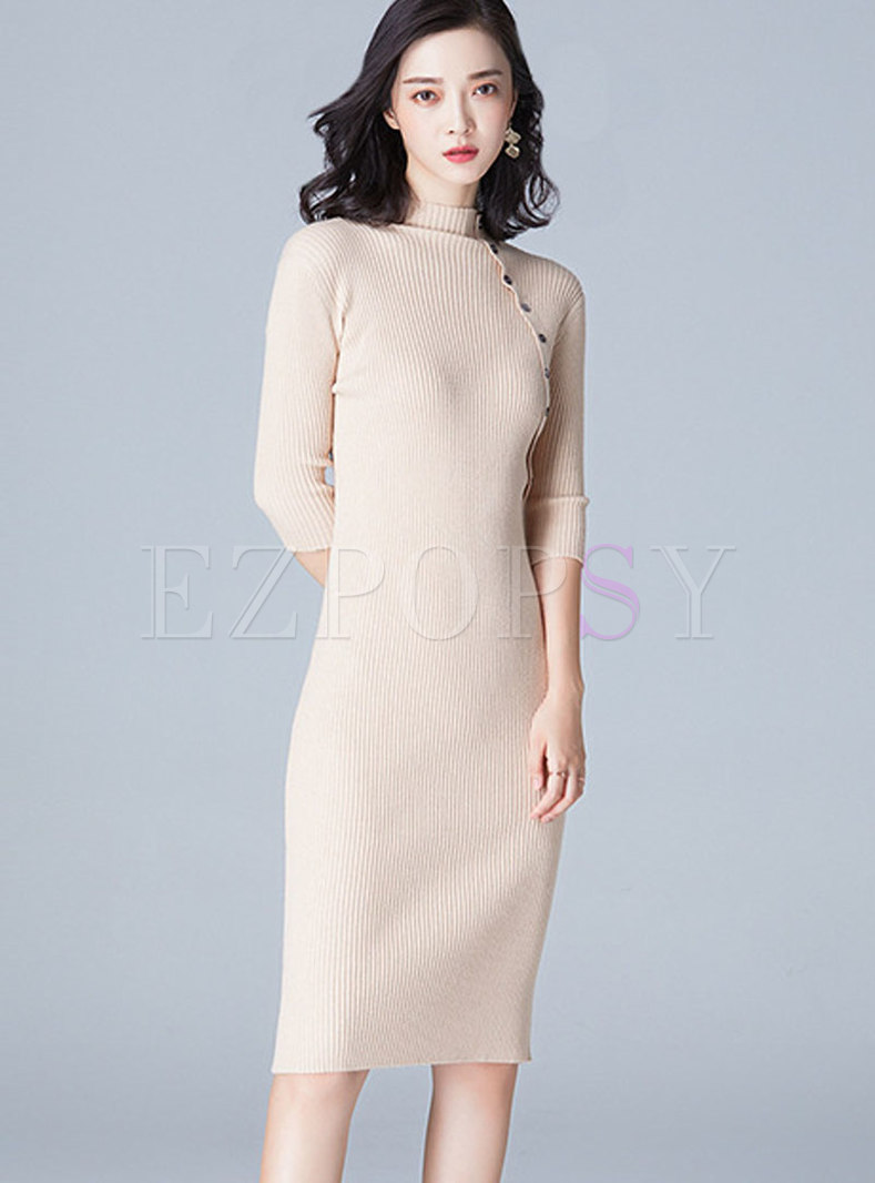  Apricot Half High Neck Knitted Bodycon Dress