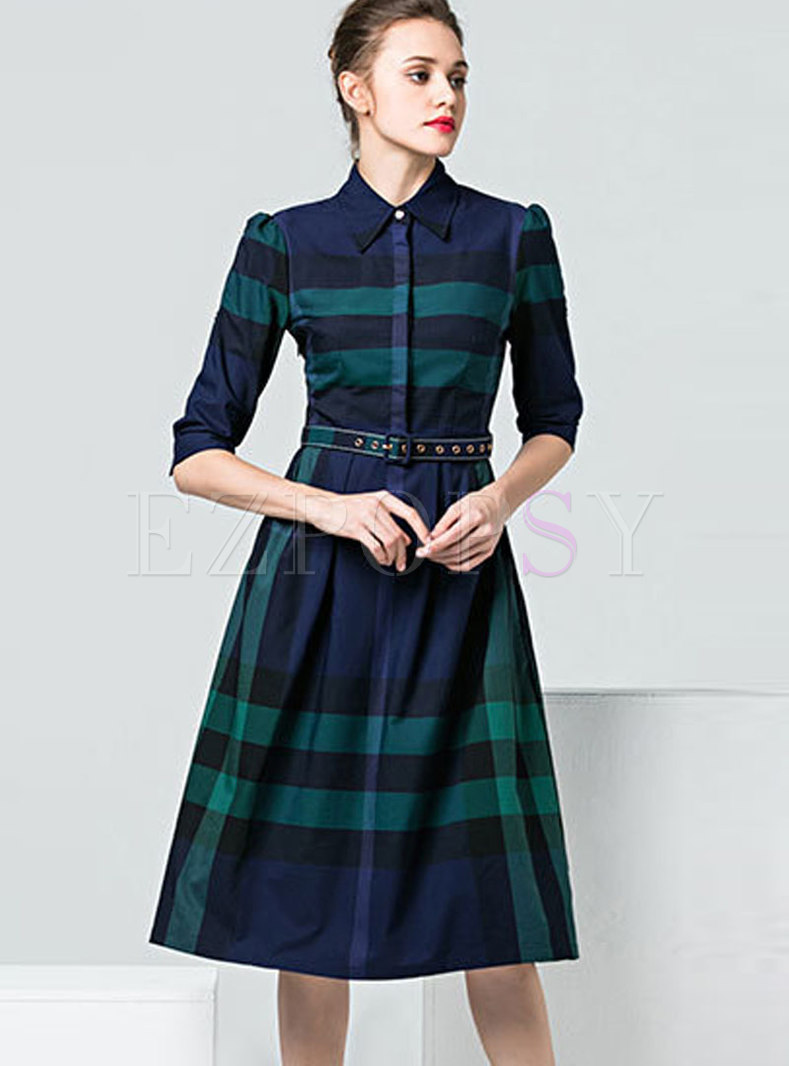 Trendy Plaid Patchwork Tie-waist Pleated Dress