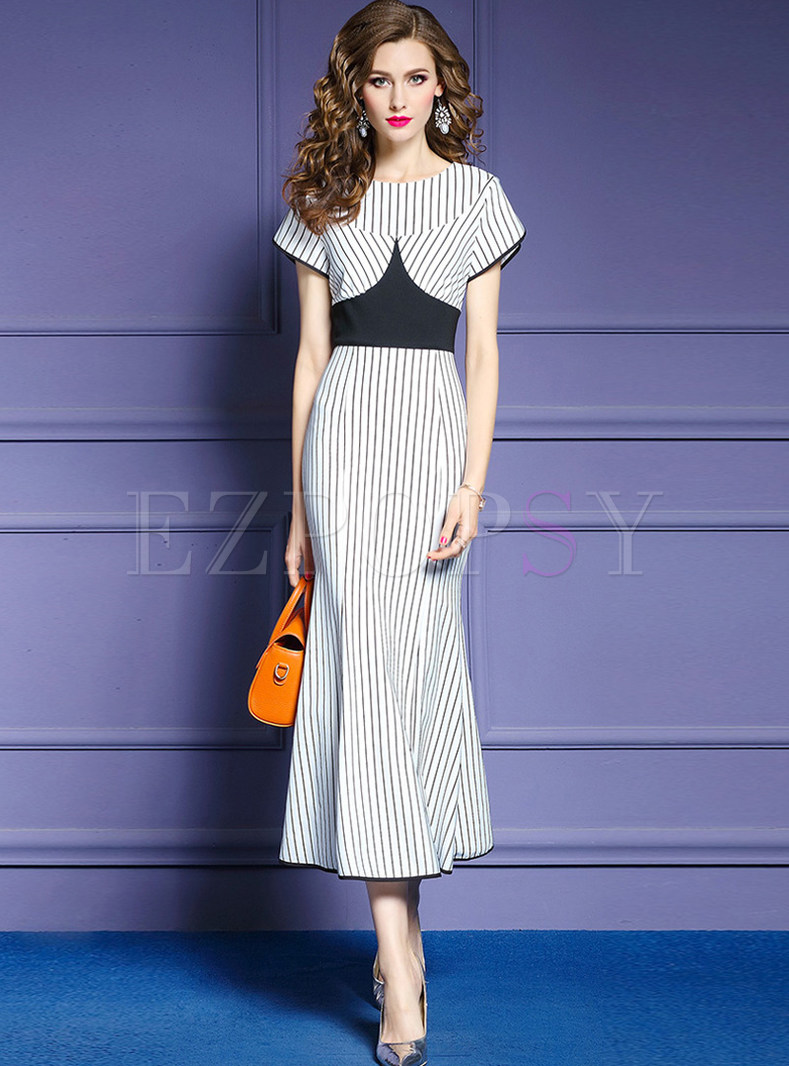 Stylish Striped Color-blocked Slim Maxi Dress