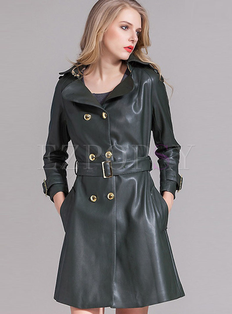 Trendy Leather Turn-down Collar Belted Coat With Side Pockets