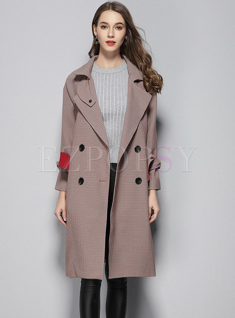 Notched Lapel Straight Plaid Trench Coat