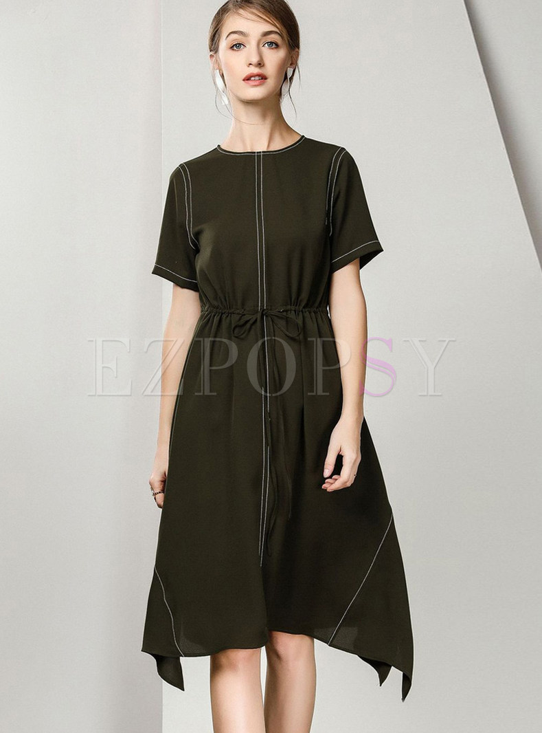 Black Tie-waist Short Sleeve Chiffon Irregular Dress