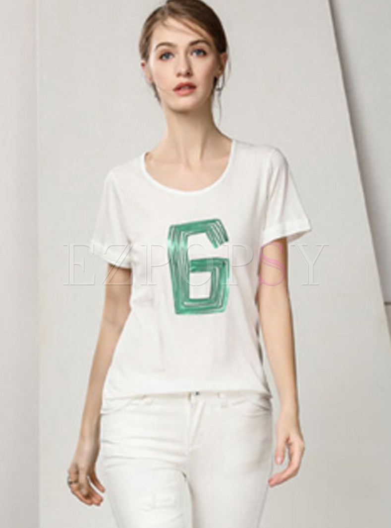 Casual O-neck Cotton Sequined Slim T-shirt