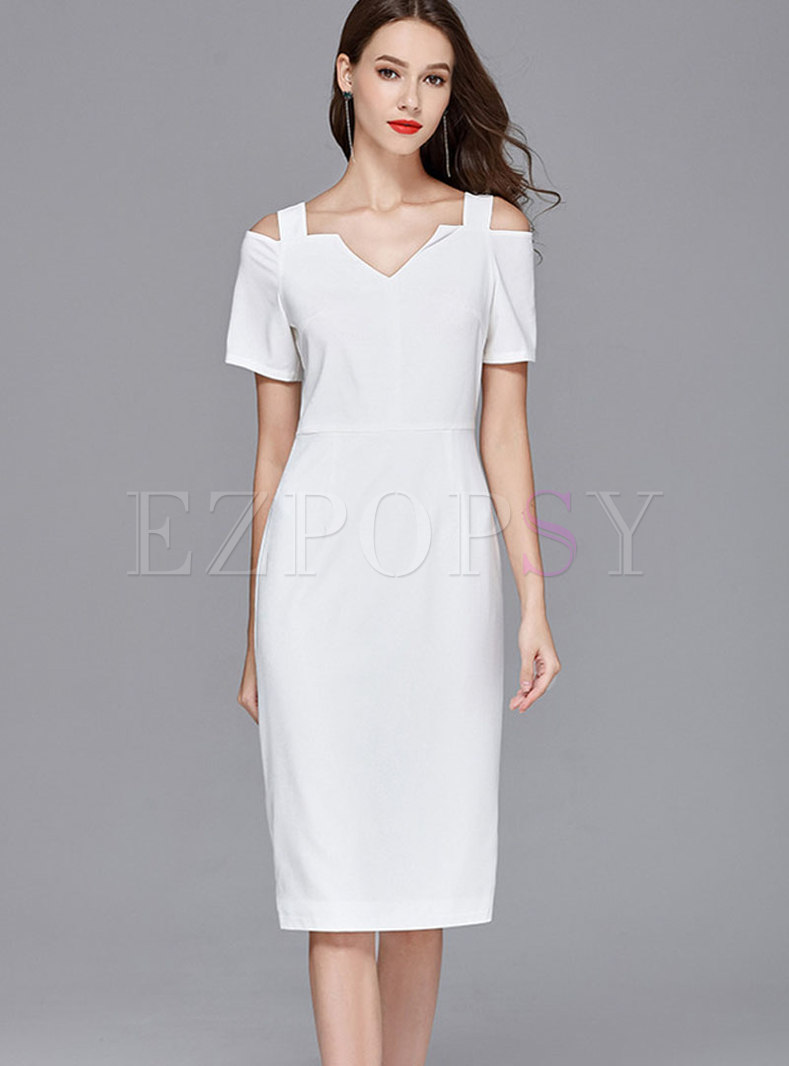 white v neck sheath dress