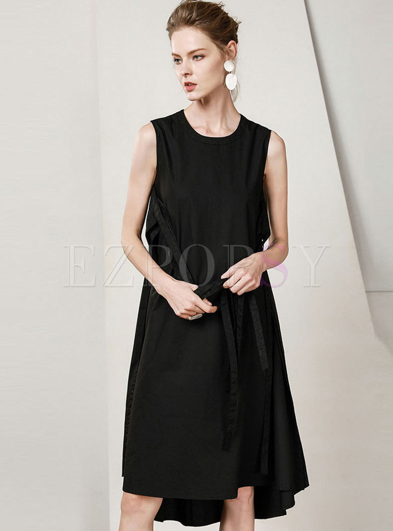 Black Sleeveless O-neck Asymmetric Belted Dress