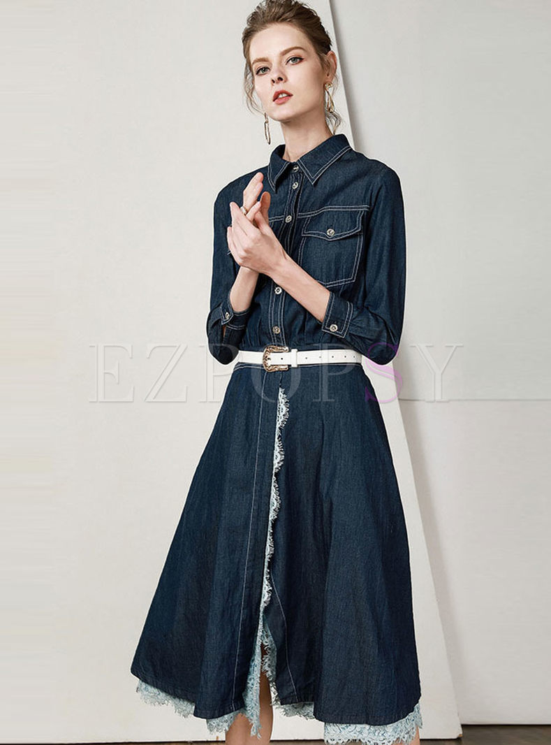 Chic Splicing Single-breasted Lapel Belted Slim Dress