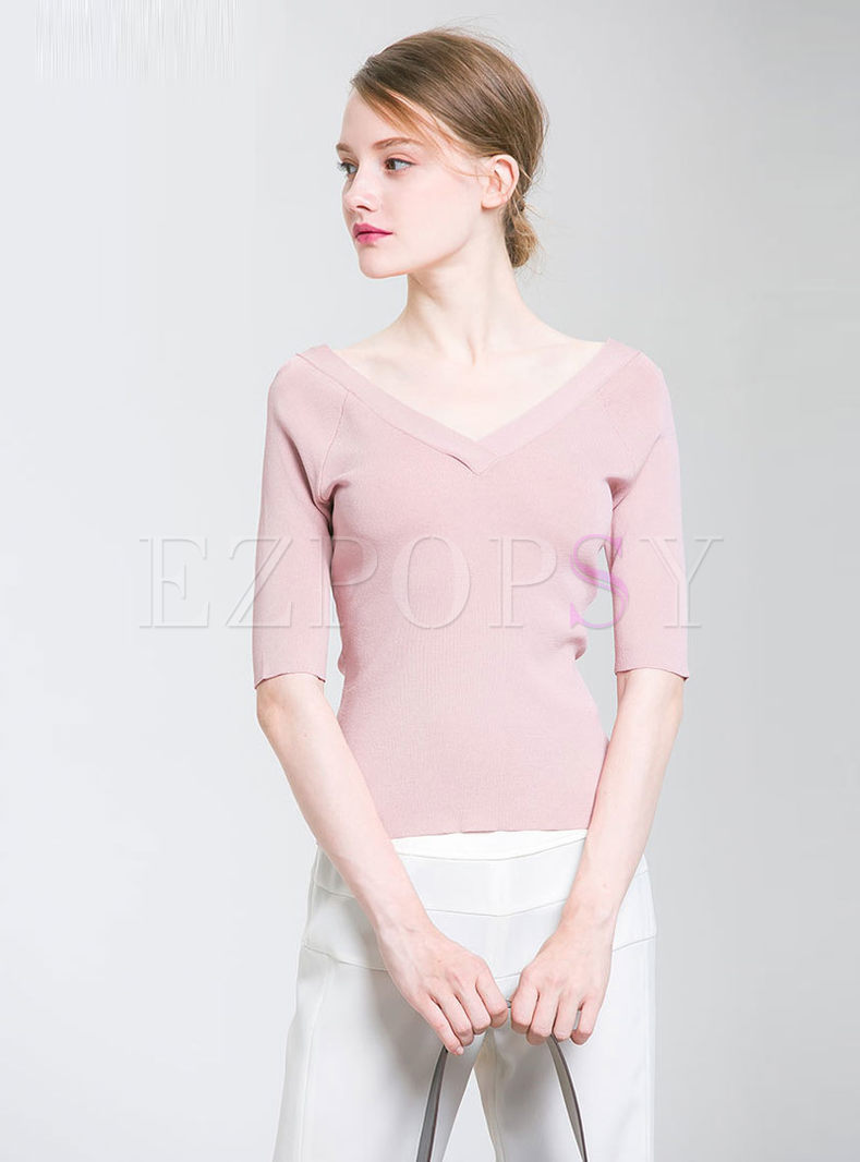 Solid Color V-neck Slim Knitted T-shirt
