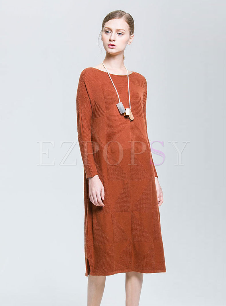 Pure Color O-neck Long Sleeve Slit Knitted Dress