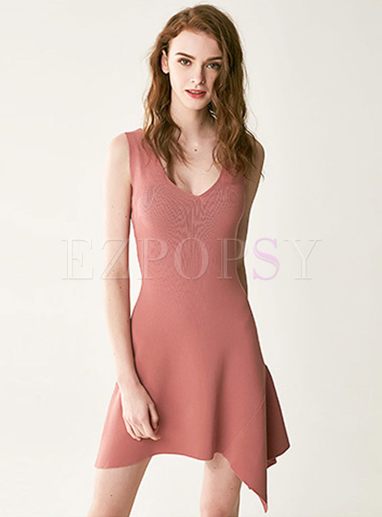 Pure Color Sleeveless Asymmetric Knitted Mini Dress