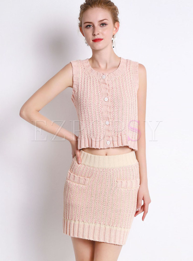 Stylish Pink Knitted Sleeveless Top & Woven Sheath Mini Skirt