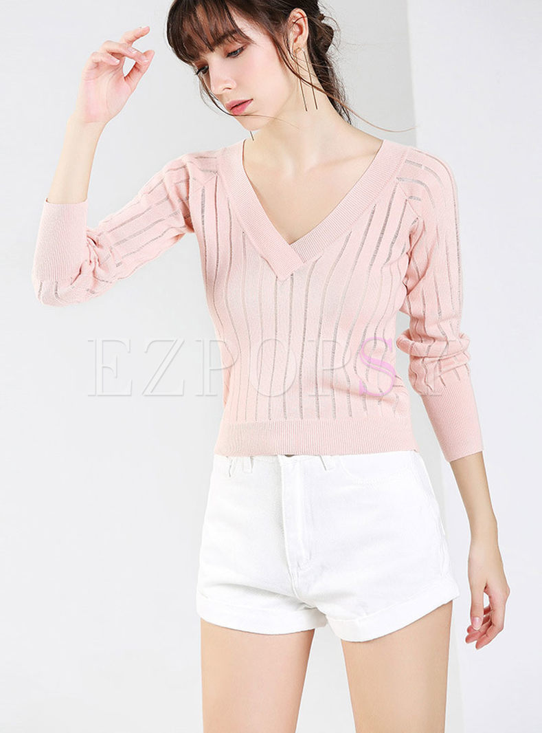 Sexy Striped Hollow Out V-neck Knitted Sweater