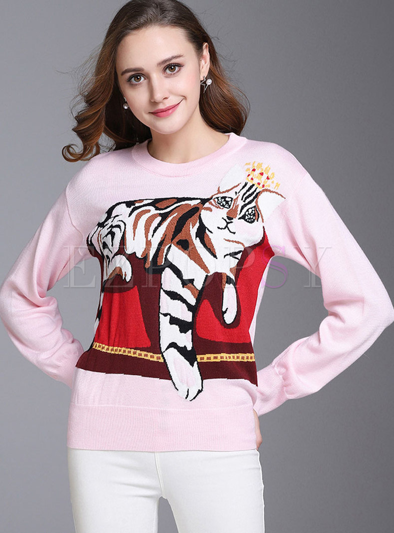 Sweet Pink Crew-neck Wool Knitted Sweater With Animal Pattern