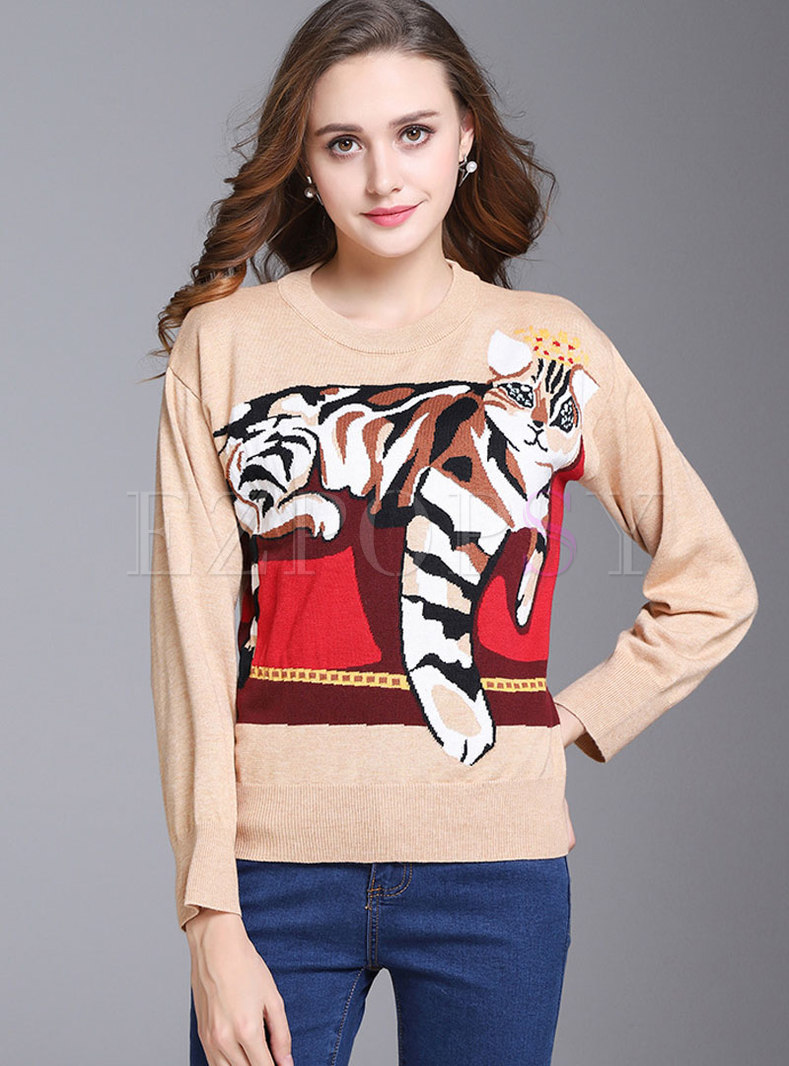 Khaki Crew-neck Wool Knitted Sweater With Animal Pattern
