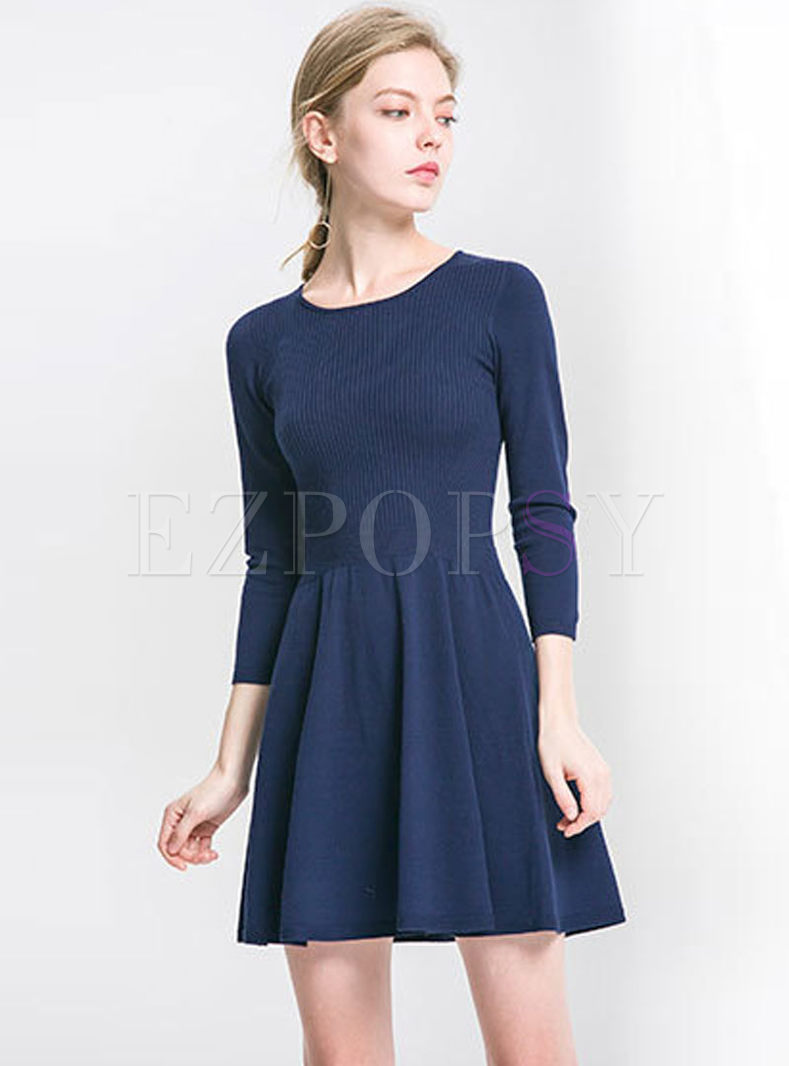 Blue O-neck Gathered Waist Long Sleeve Slim A Line Dress
