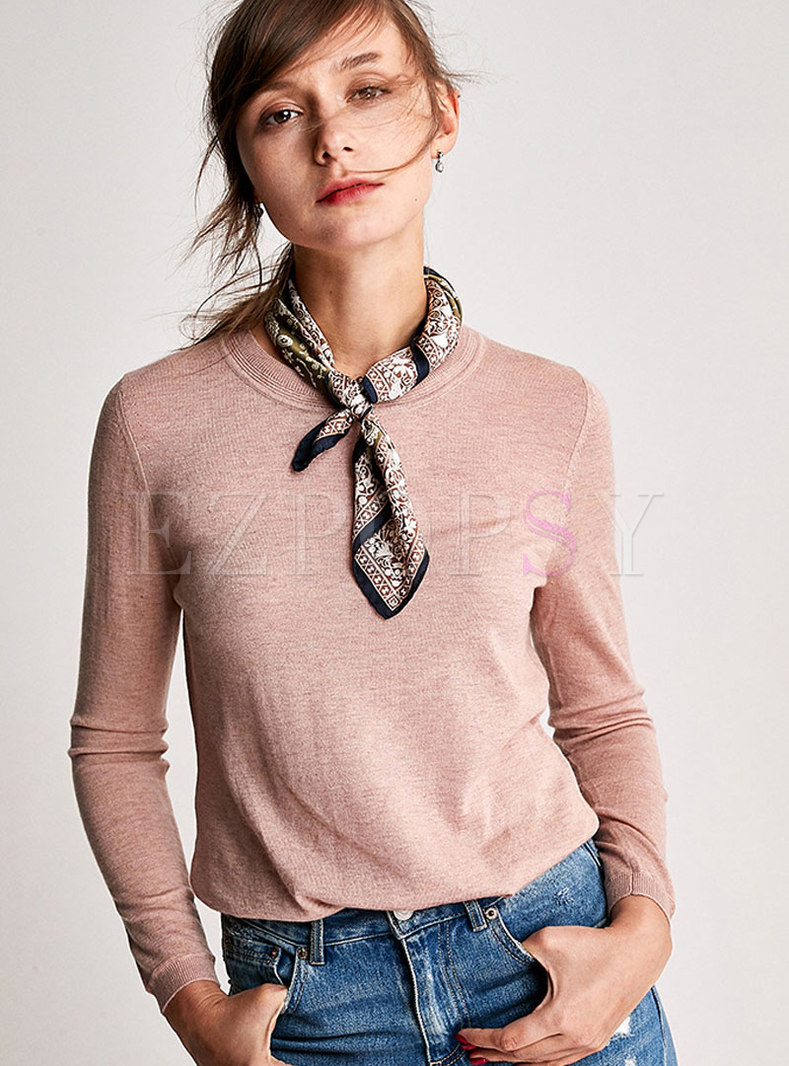 Brief Pink O-neck Wool Long Sleeve Sweater Without Little Scarf 
