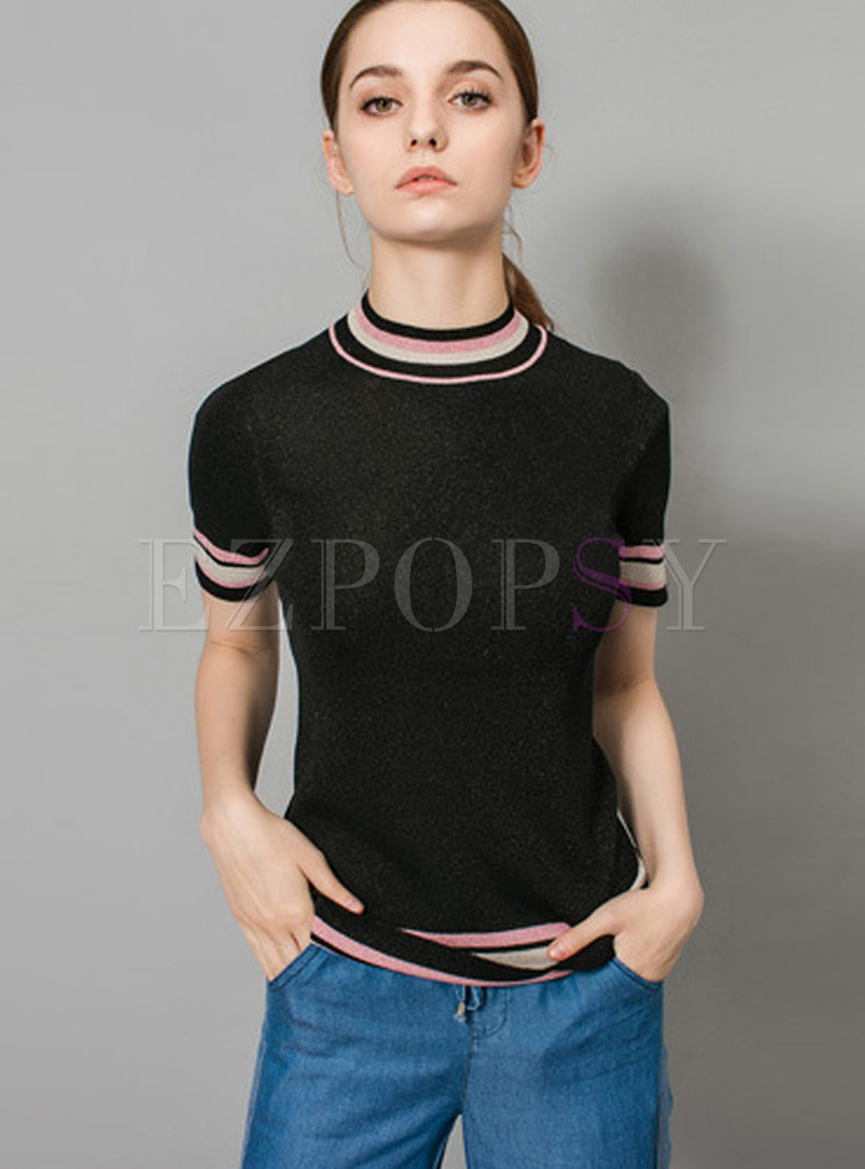 Stylish O-neck Slim Color-blocked Knitted T-Shirt