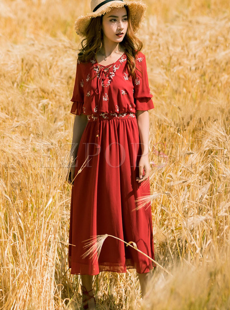 Ethnic Vintage Red Embroidered Chiffon Maxi Dress