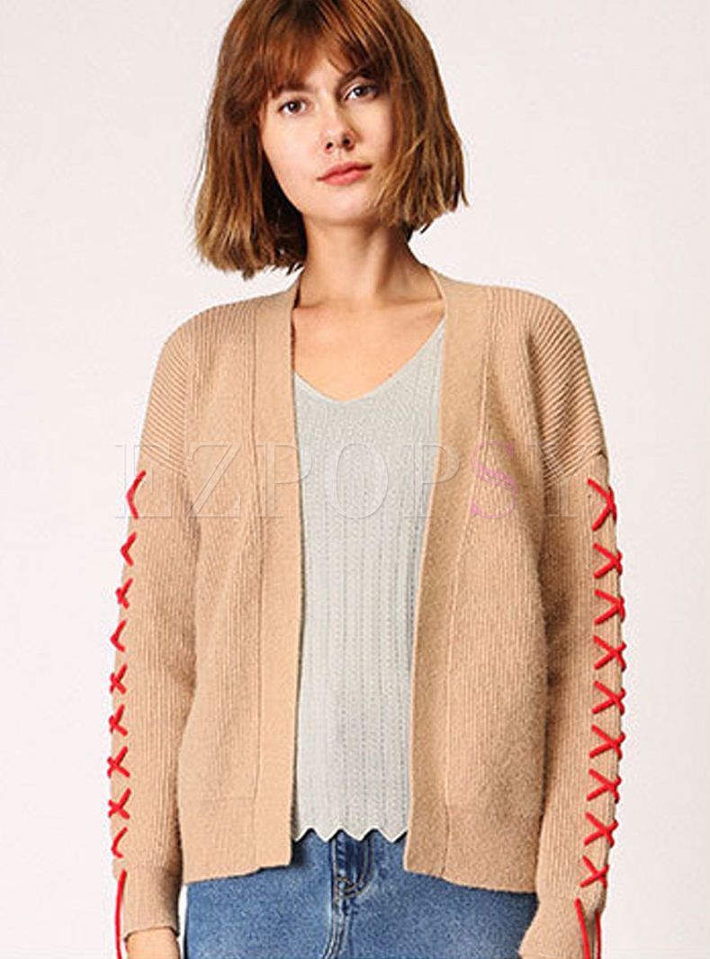 Fashionable Color-blocked Tied V-neck Knitted Cardigan