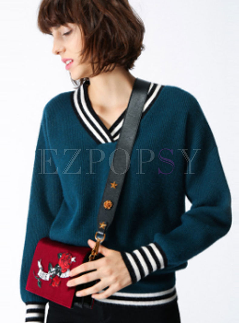 Trendy Striped Splicing V-neck Pullover Loose Sweater