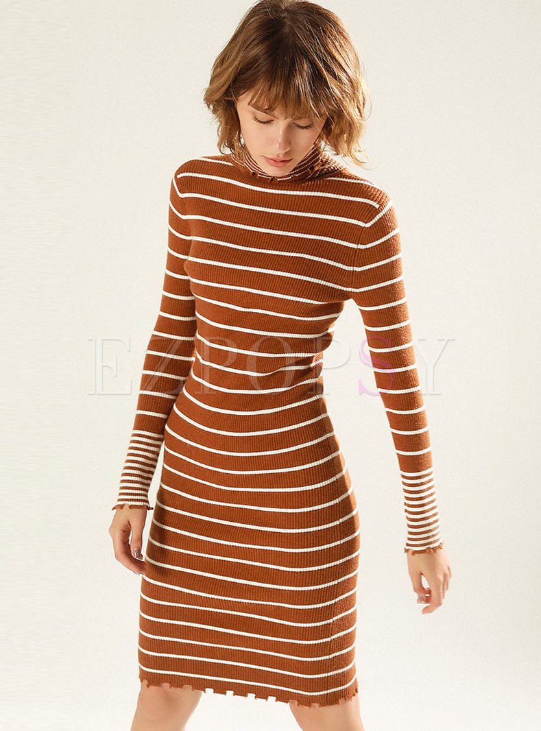 Chic Striped High Neck Sheath Knitted Dress
