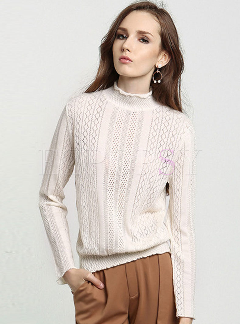 White Hollow Out Ruffled Collar Knitted Sweater