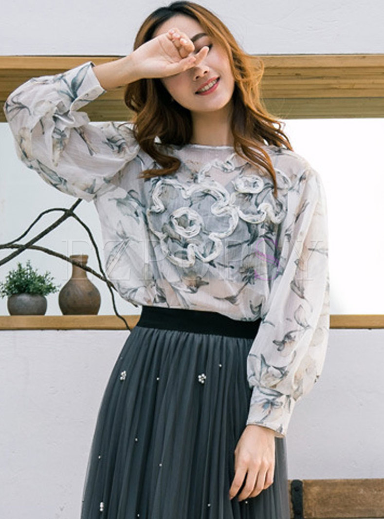 Chic Lantern Sleeve Hollow Out Lace Loose Blouse