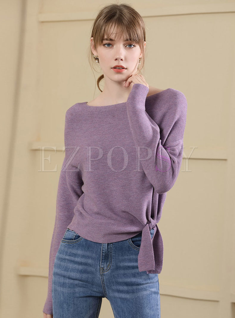 Casual Pure Color O-neck Tied Knitted Sweater