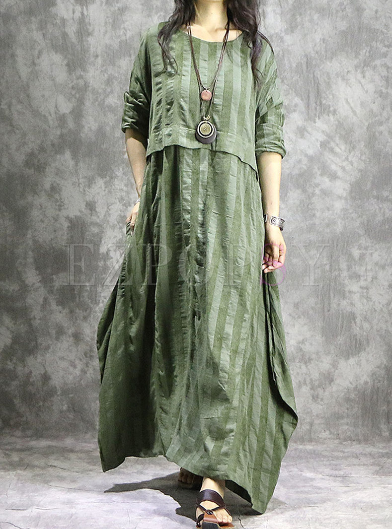 Vintage Asymmetric Green Solid Striped Loose Dress