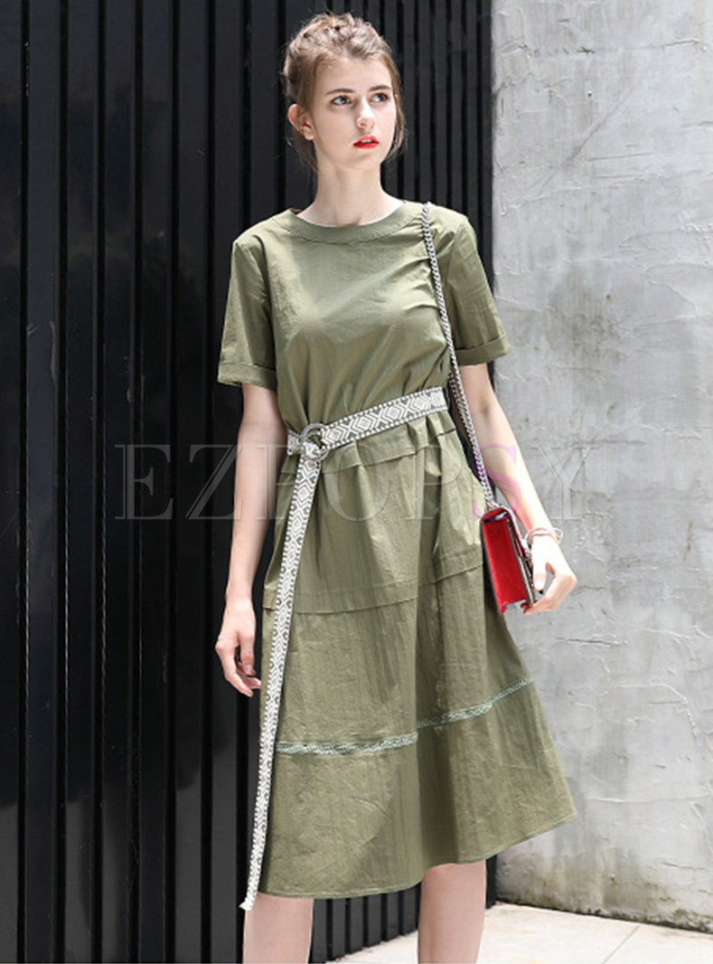 Trendy Casual Daily Crew-neck Cake Dress With Belt