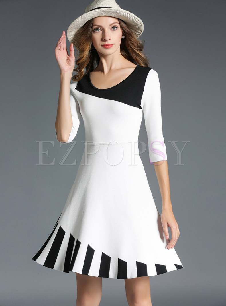 Autumn Black-white Three Quarters Sleeve Patchwork Skater Dress
