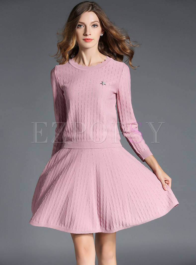 Fashion Casual Pink Beaded Top & Knitted Hollow Out Mini Skirt