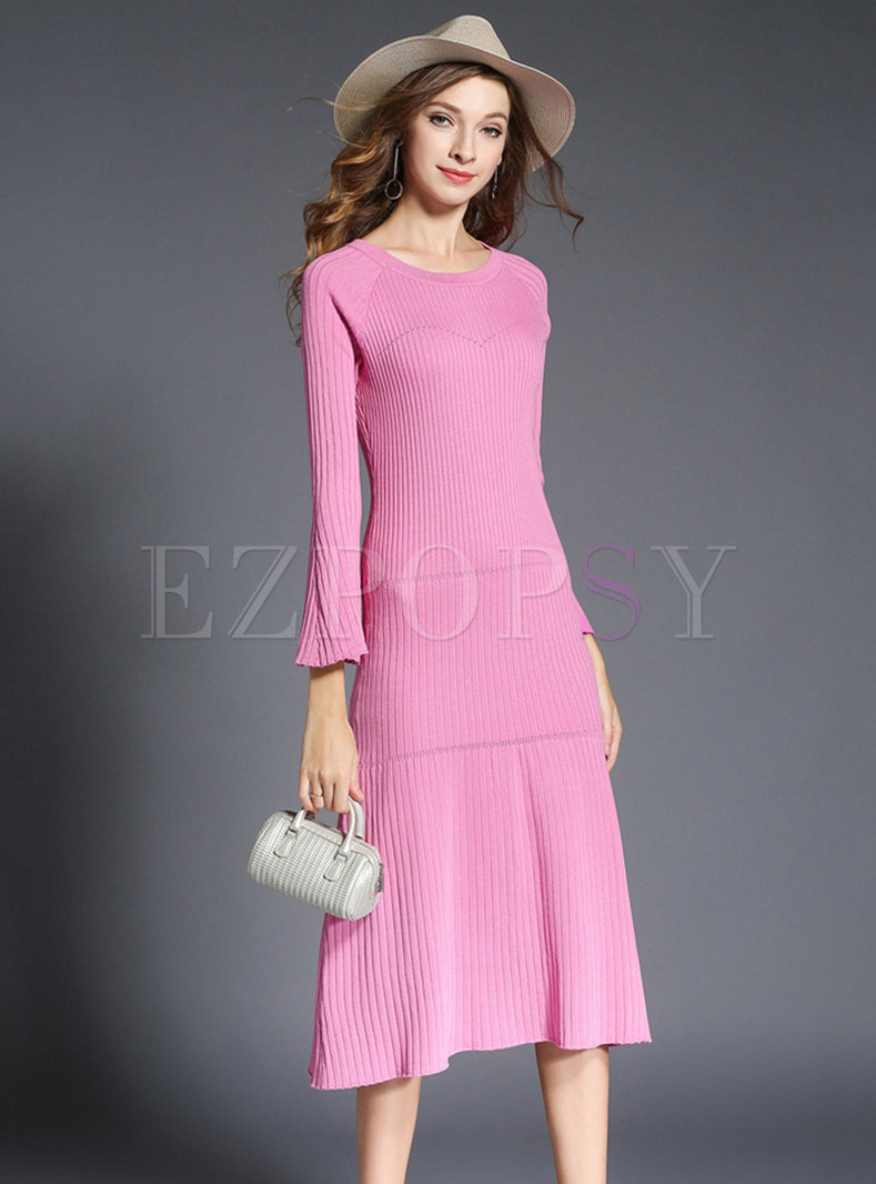 Pink Crew-neck Flare Sleeve Back-Cutout Fit Flare Dress 