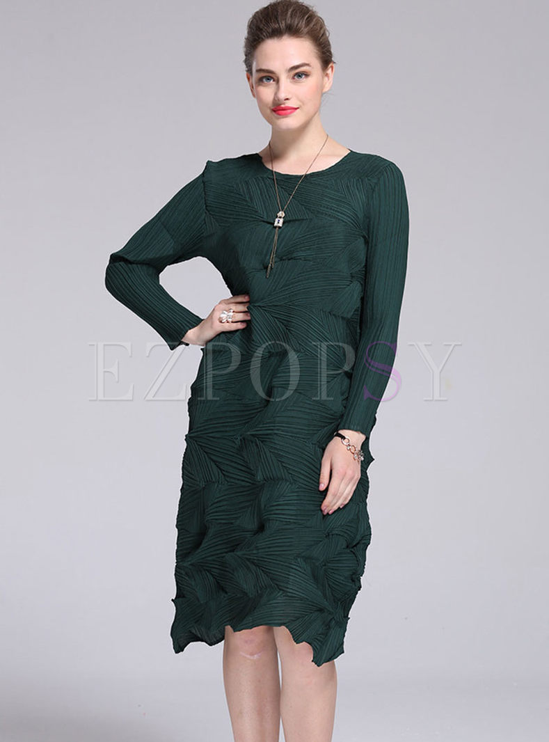 Chic Pure Color Long Sleeve Asymmetric Pleated Shift Dress