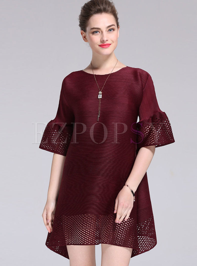 Loose Splicing Hollow Out Flare Sleeve Mini Dress